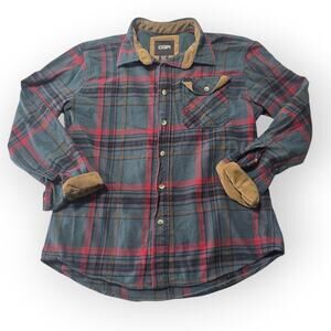 CQR Plaid Flannel Shirt Jacket Mens Large Blue Red Cotton Corduroy Trim